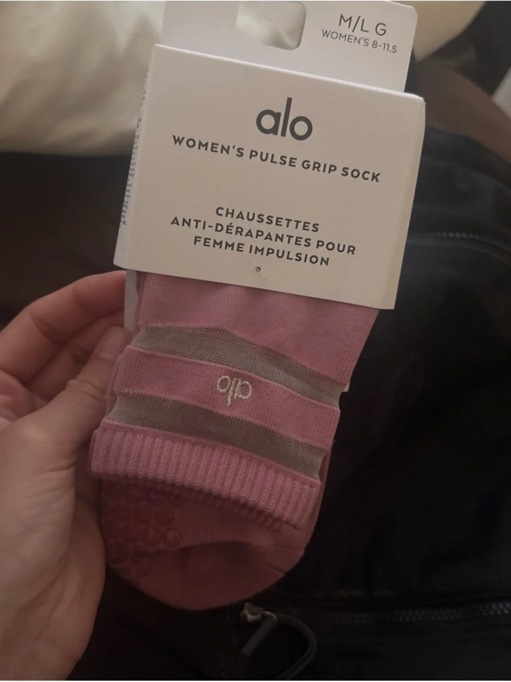 ALO Yoga Women's Pulse Grip Sock - Dusty Pink with Gray Stripes